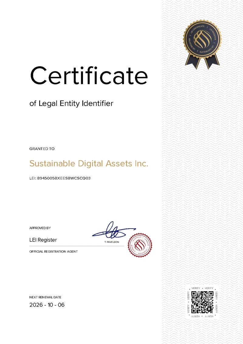 LEI Certificate for Sustainable Digital Assets Inc.