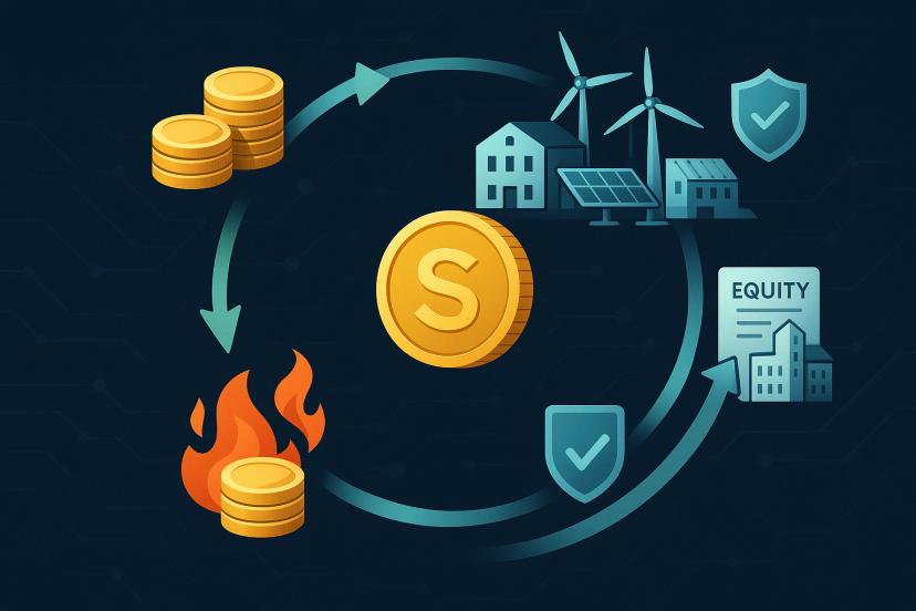 Economic incentives cycle showing renewable energy assets, token burning, dividends, and equity conversion