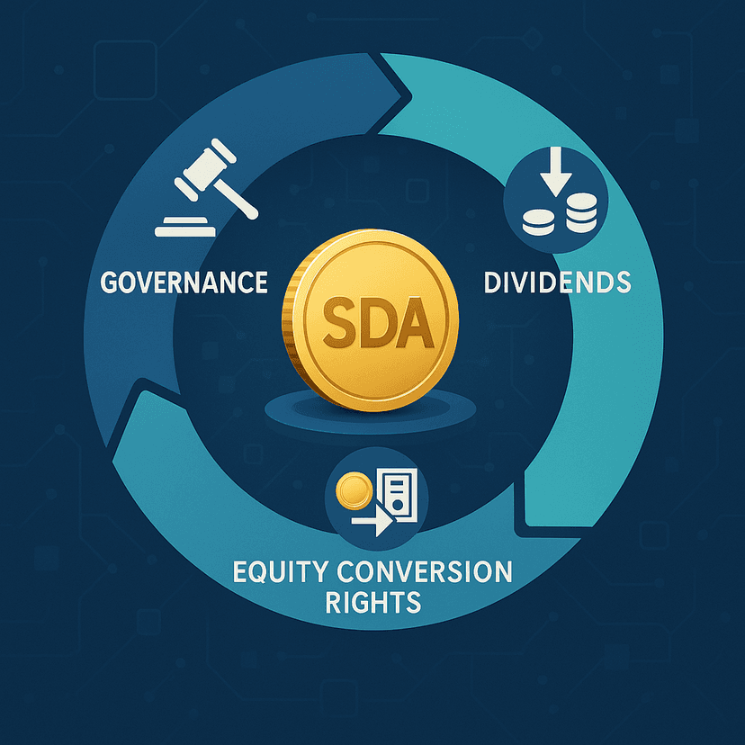 SDA token utility cycle showing governance, dividends, and equity conversion rights